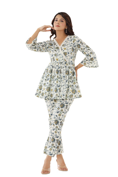 Cotton Printed Floral Co-Ord Set For Women Partywear Dress White