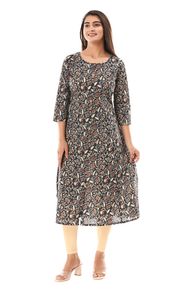 Black Cotton Floral Printed Casual Kurti For Women