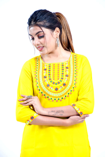 Latest Women Rayon Yellow Embroidered Straight Kurta with Pant