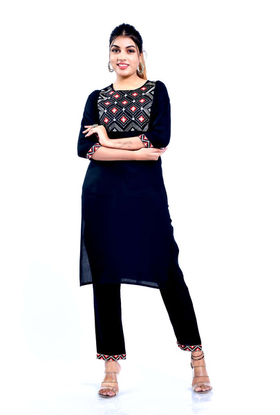 Women Black Embroidered Kurta with Trouser for Party