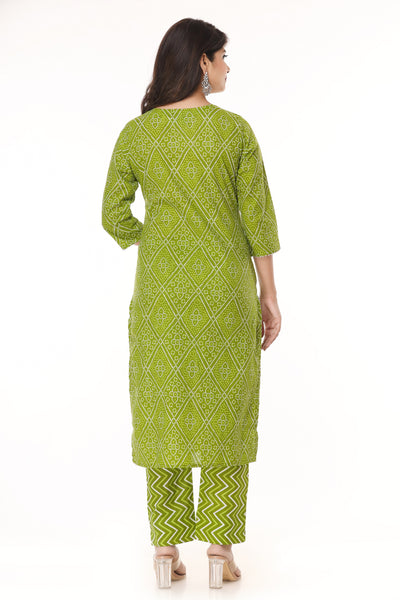 Latest Women Cotton Green Printed Straight Kurta with Trouser