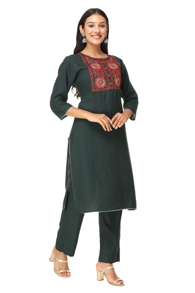 Indian Women Green Embroidered Causal Kurta with Trouser