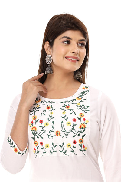 Indian Women Kurti White Embroidered Straight Kurta with Pant Set