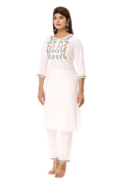 Indian Women Kurti White Embroidered Straight Kurta with Pant Set