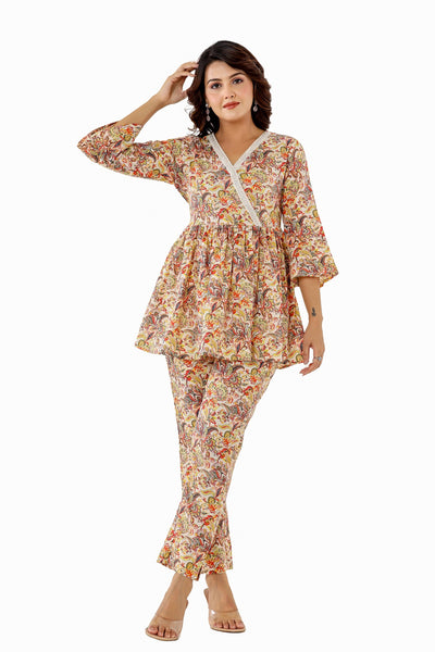 Cotton Printed Floral Co-Ord Set For Women Partywear Dress Multicolor