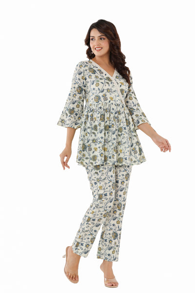 Cotton Printed Floral Co-Ord Set For Women Partywear Dress White