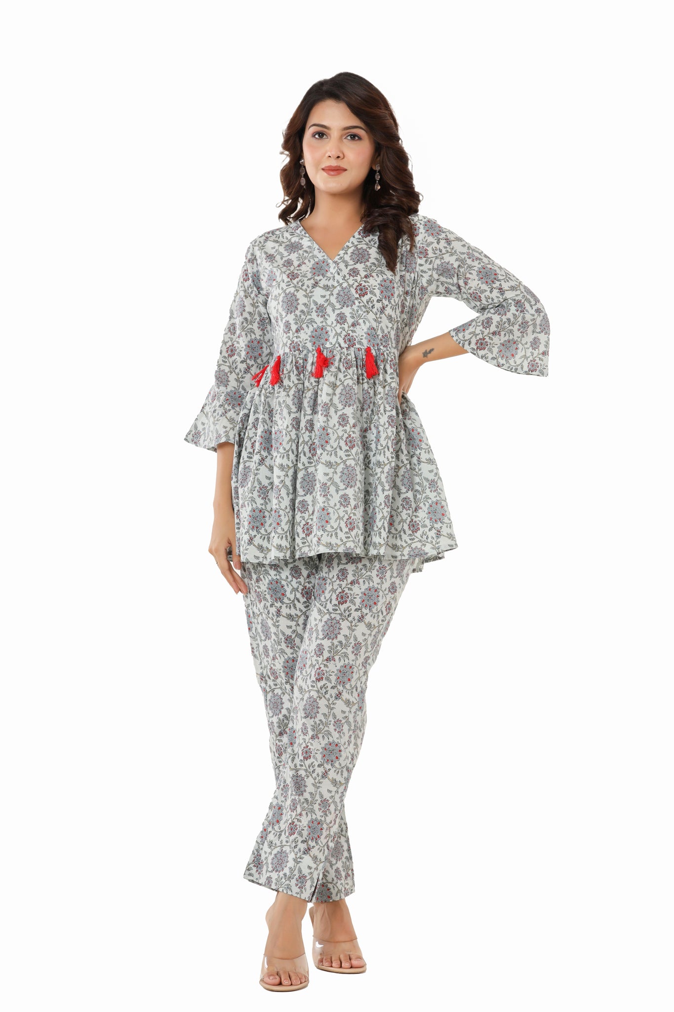 Cotton Printed Co-Ord Set For Women Partywear Floral Dress With Tussels