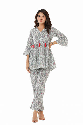 Cotton Printed Co-Ord Set For Women Partywear Floral Dress With Tussels