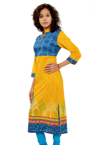 Women Yellow & Blue Printed Straight Kurti | Mandarin Collar Leheriya Tunic Top