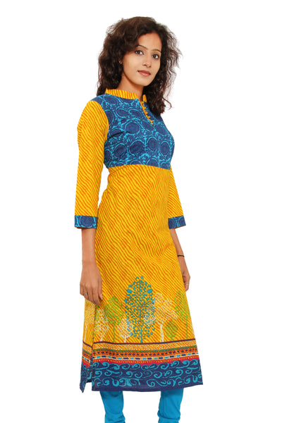 Women Yellow & Blue Printed Straight Kurti | Mandarin Collar Leheriya Tunic Top
