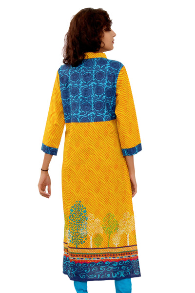 Women Yellow & Blue Printed Straight Kurti | Mandarin Collar Leheriya Tunic Top