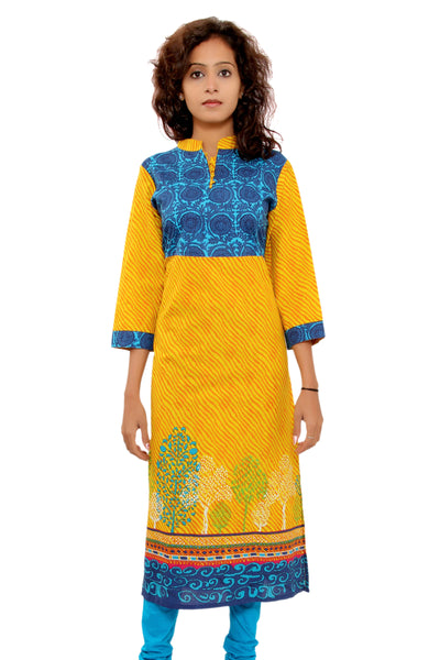 Women Yellow & Blue Printed Straight Kurti | Mandarin Collar Leheriya Tunic Top