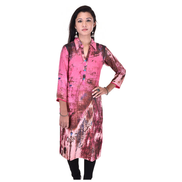 Abstract Pink Digital Print Straight Collar Tunic Kurta
