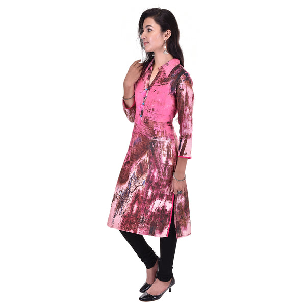 Abstract Pink Digital Print Straight Collar Tunic Kurta
