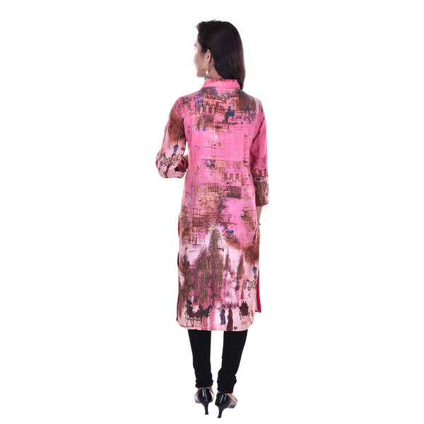 Abstract Pink Digital Print Straight Collar Tunic Kurta