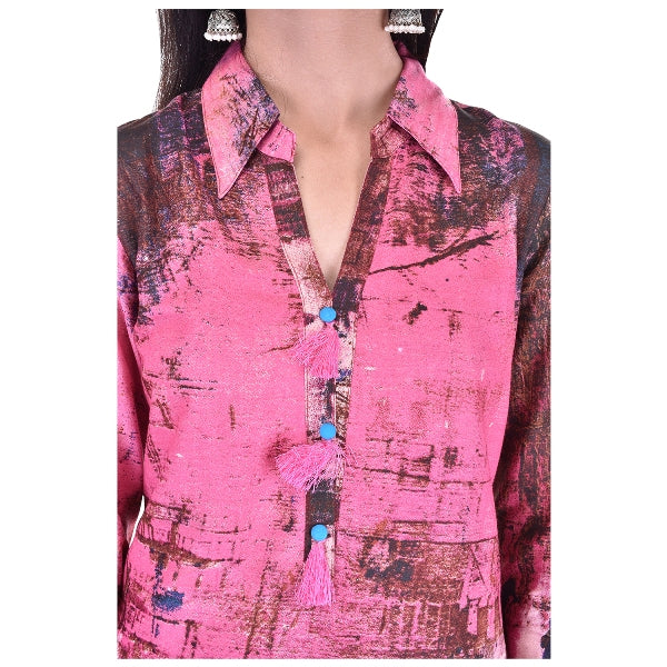 Abstract Pink Digital Print Straight Collar Tunic Kurta