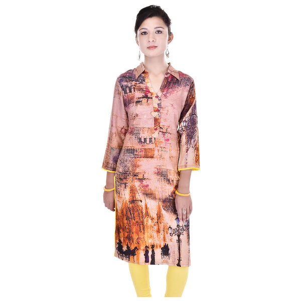 Abstract Landscape Printed Straight Collar Kurti