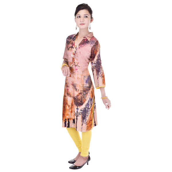 Abstract Landscape Printed Straight Collar Kurti