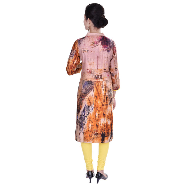 Abstract Landscape Printed Straight Collar Kurti