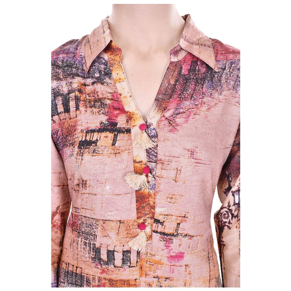 Abstract Landscape Printed Straight Collar Kurti