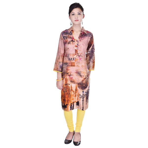 Abstract Landscape Printed Straight Collar Kurti