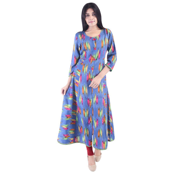 Women's Blue Printed Anarkali Kurti Top – Long Ikat Ethnic Dress