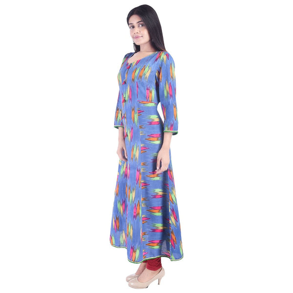 Women's Blue Printed Anarkali Kurti Top – Long Ikat Ethnic Dress