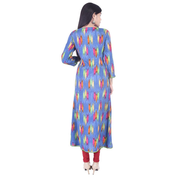 Women's Blue Printed Anarkali Kurti Top – Long Ikat Ethnic Dress