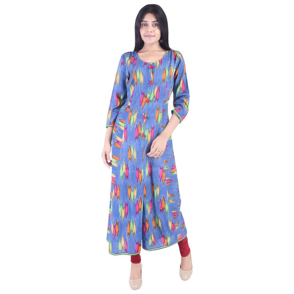 Women's Blue Printed Anarkali Kurti Top – Long Ikat Ethnic Dress