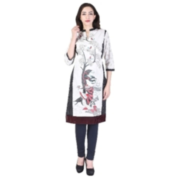 Women's Off-White Printed Straight Kurti Top – Artistic Tree Print Ethnic Tunic