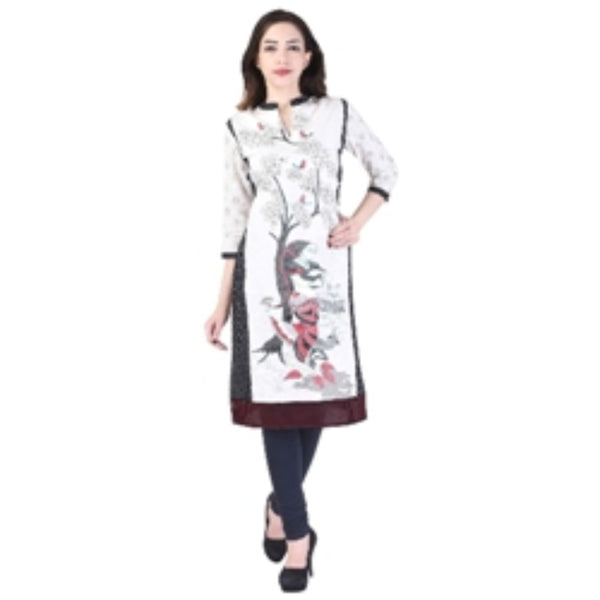 Women's Off-White Printed Straight Kurti Top – Artistic Tree Print Ethnic Tunic