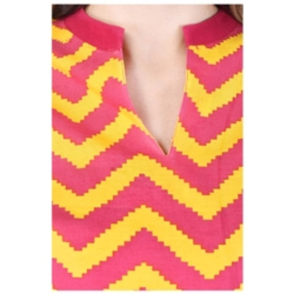 Women Yellow Chevron & Monument Print Kurti | Straight V-Neck Tunic Top