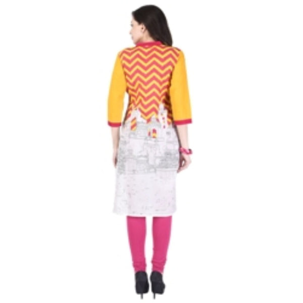 Women Yellow Chevron & Monument Print Kurti | Straight V-Neck Tunic Top