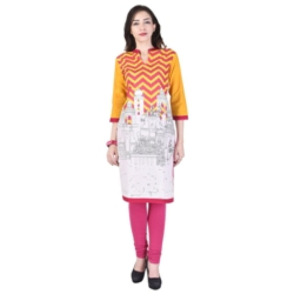 Women Yellow Chevron & Monument Print Kurti | Straight V-Neck Tunic Top