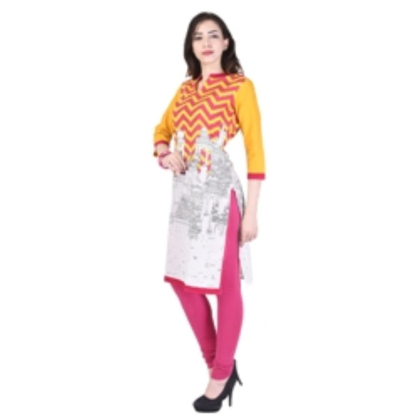 Women Yellow Chevron & Monument Print Kurti | Straight V-Neck Tunic Top