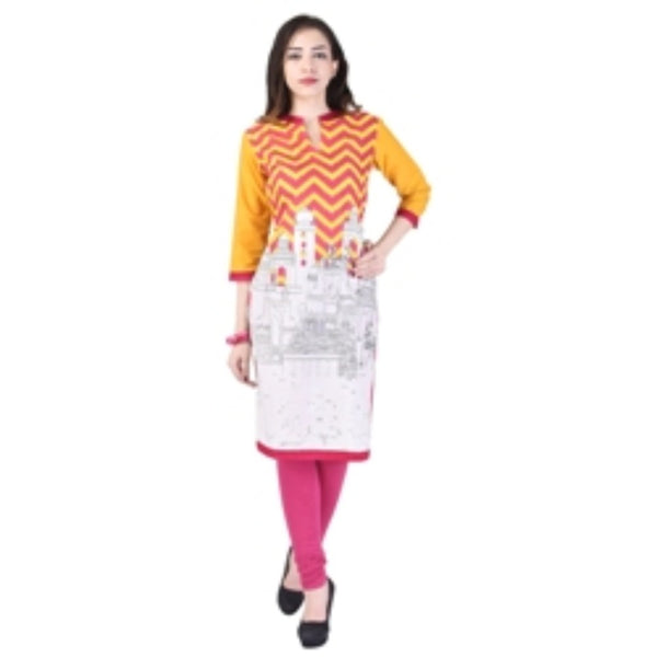 Women Yellow Chevron & Monument Print Kurti | Straight V-Neck Tunic Top