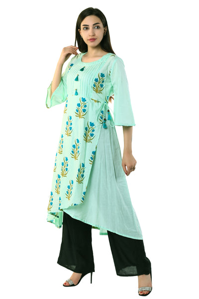 Women Light Blue Floral Print High-Low Kurti | Bell Sleeve Asymmetrical Kurta Tunic Top