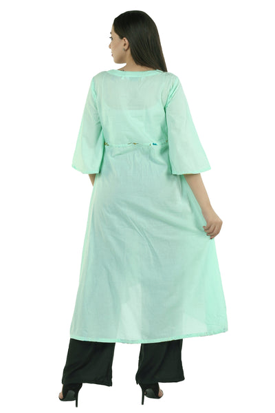 Women Light Blue Floral Print High-Low Kurti | Bell Sleeve Asymmetrical Kurta Tunic Top