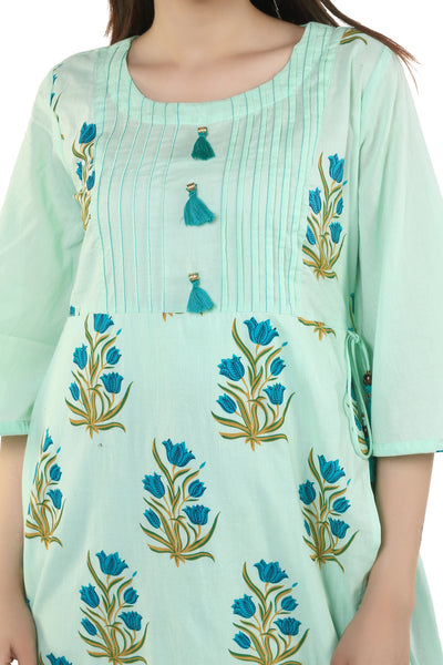 Women Light Blue Floral Print High-Low Kurti | Bell Sleeve Asymmetrical Kurta Tunic Top