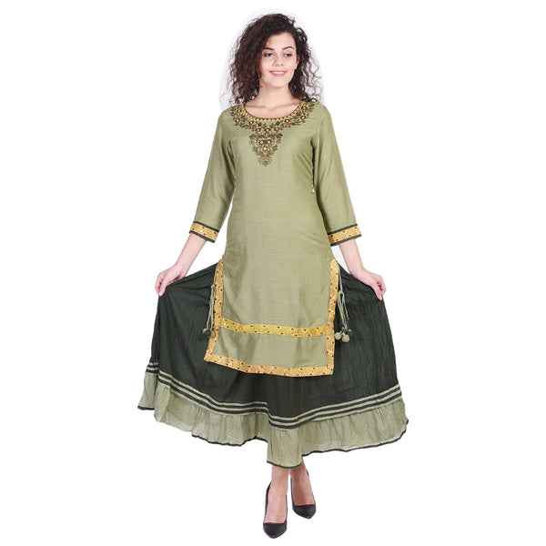 Women's Sage Green Embroidered Kurti with Tiered Skirt – Festive Ethnic Set