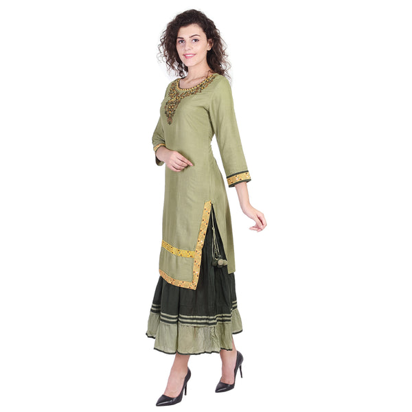 Women's Sage Green Embroidered Kurti with Tiered Skirt – Festive Ethnic Set