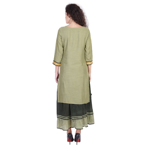 Women's Sage Green Embroidered Kurti with Tiered Skirt – Festive Ethnic Set