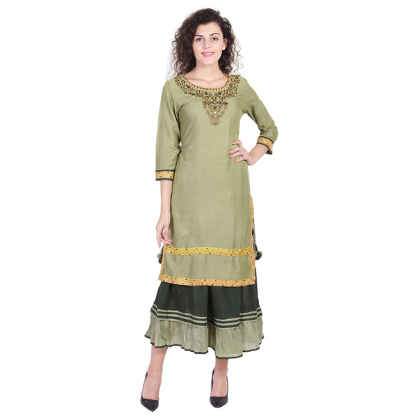 Women's Sage Green Embroidered Kurti with Tiered Skirt – Festive Ethnic Set