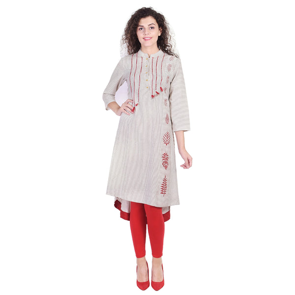 Stripped Flared High-Low Kurti with Tassel Details