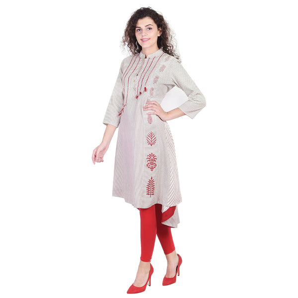 Stripped Flared High-Low Kurti with Tassel Details