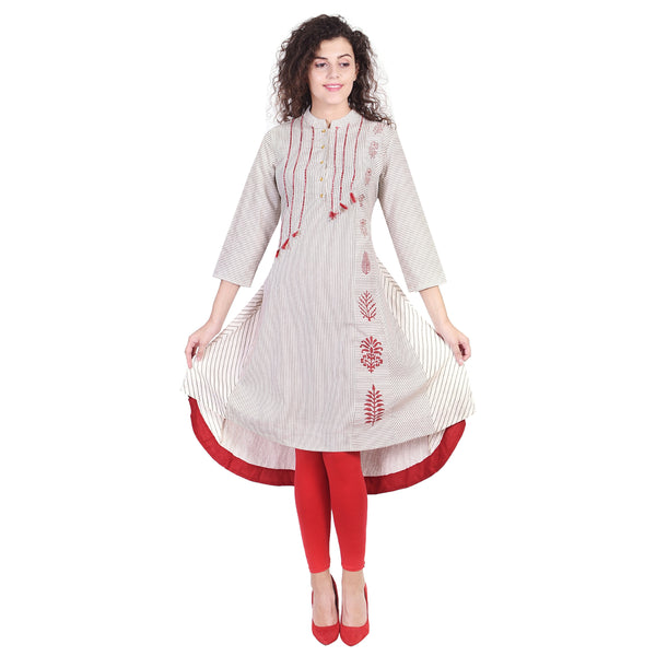 Stripped Flared High-Low Kurti with Tassel Details