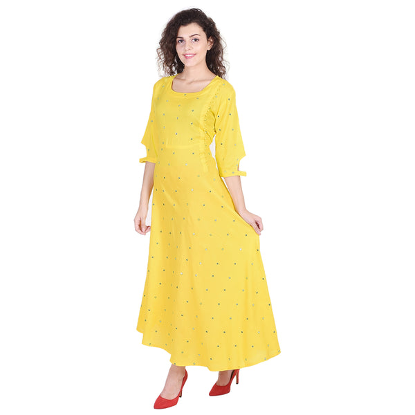 Women's Yellow Mirror Work Anarkali Kurti – Indian Maxi Dress & Festive Tunic