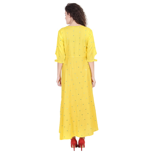 Women's Yellow Mirror Work Anarkali Kurti – Indian Maxi Dress & Festive Tunic