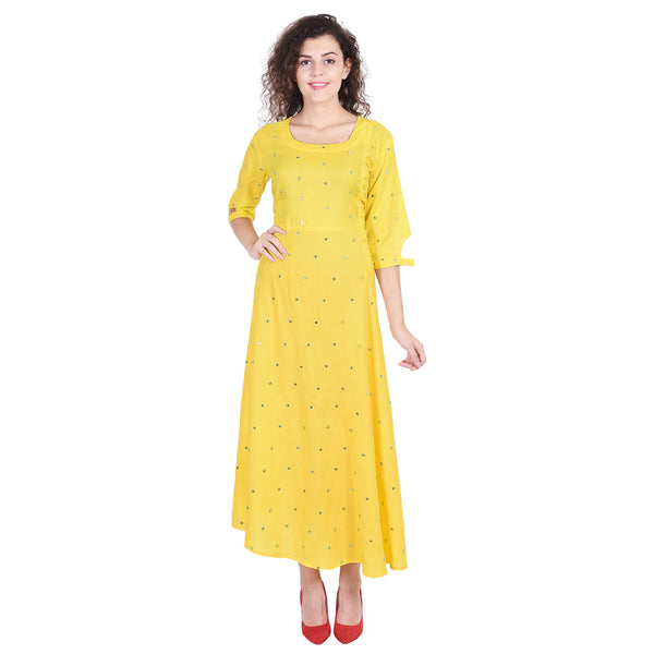 Women's Yellow Mirror Work Anarkali Kurti – Indian Maxi Dress & Festive Tunic