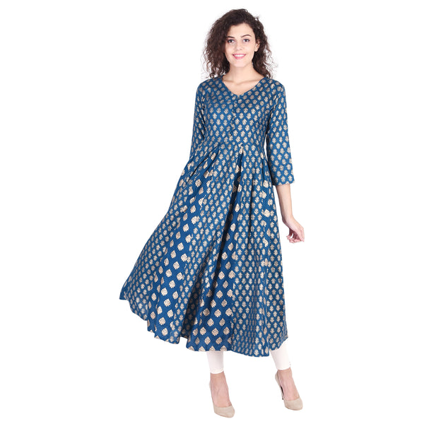 Women's Royal Blue Gold Printed Anarkali Kurti – Indian Flared Maxi Dress & Festive Tunic
